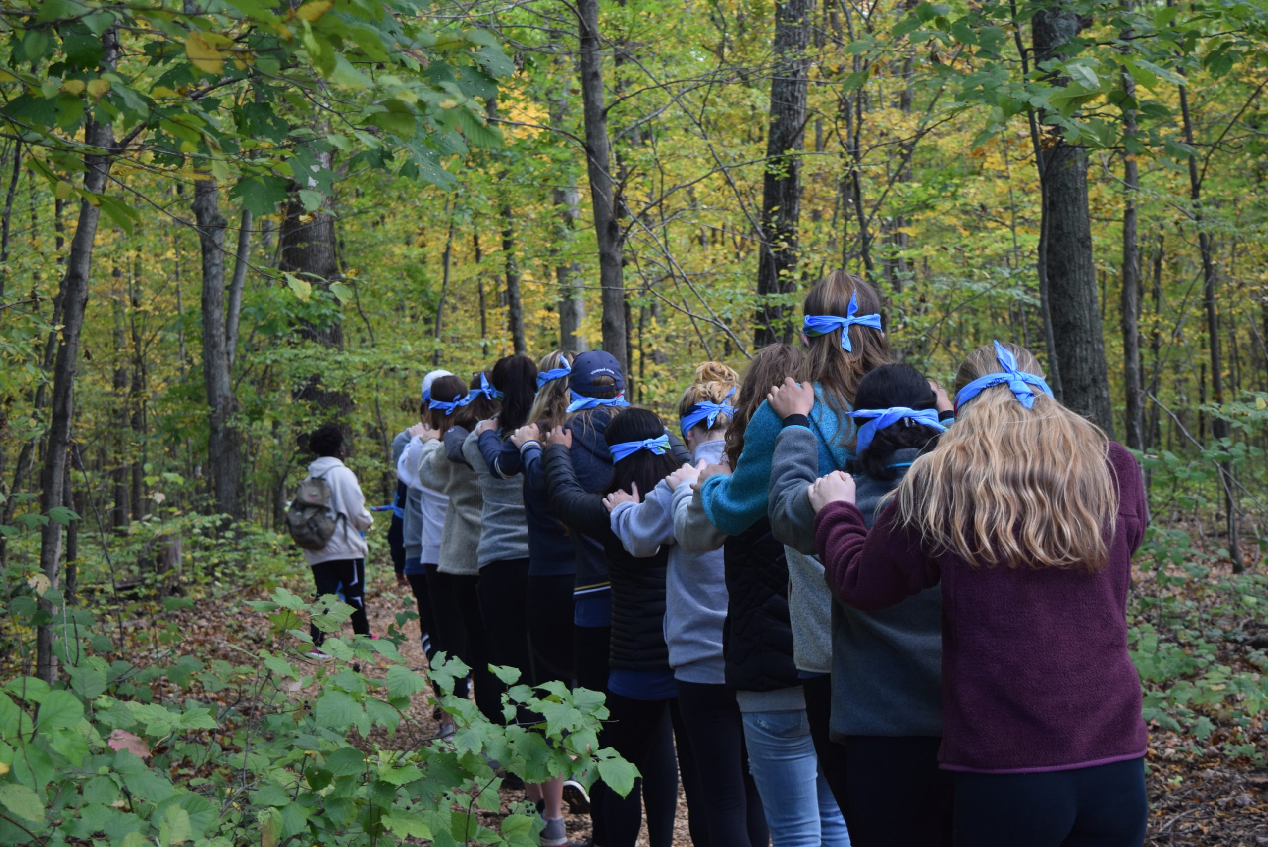 Blindfolded students walk with their hands on each other's shoulders into the woods to complete blind maze activity